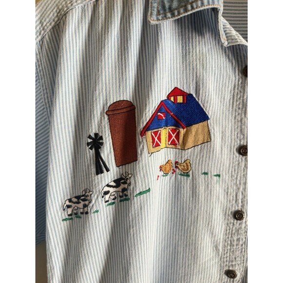 Vintage Chambray Embroidered Appliqué Button Down Shirt Farm Animals Striped XL - Picture 4 of 5